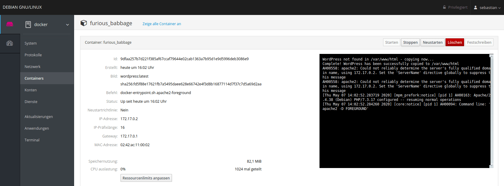 Docker on Debian 10 managed with Cockpit