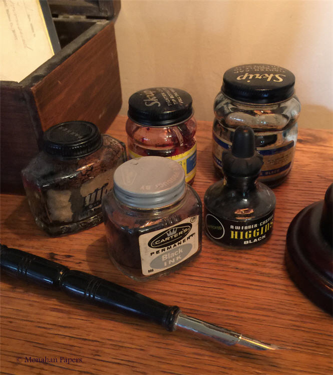 Set of 5 Vintage Ink Bottles with Pen and Nib