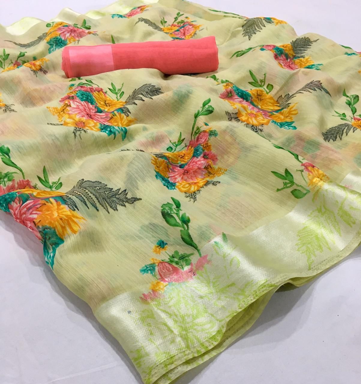 Lime Yellow Printed Linen Saree