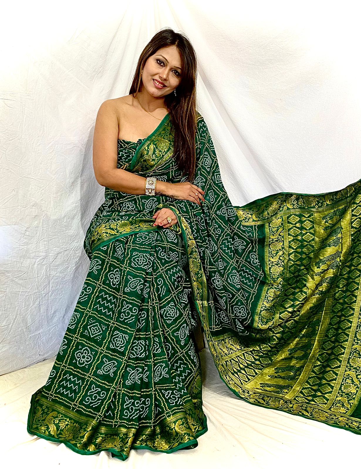 Forest Green Bandhani Silk Saree