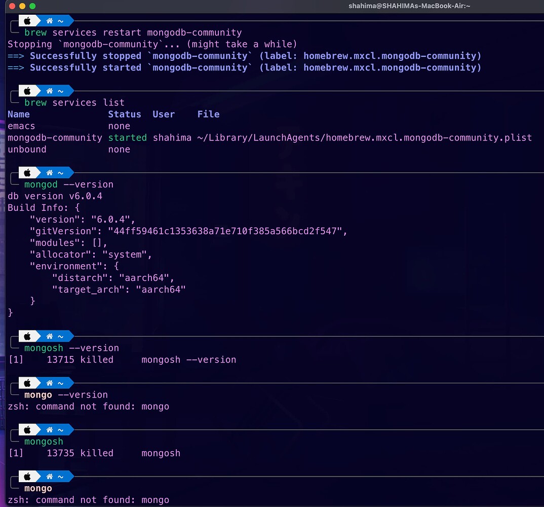Mongosh ─╯ [1] 13127 killed mongosh. mongo ─╯ zsh command not found