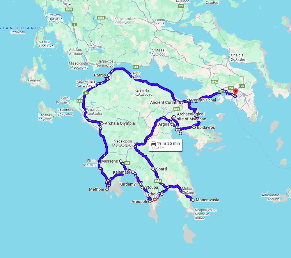 Greek Peloponnese round tour in 15 days. Private tour in minivan from