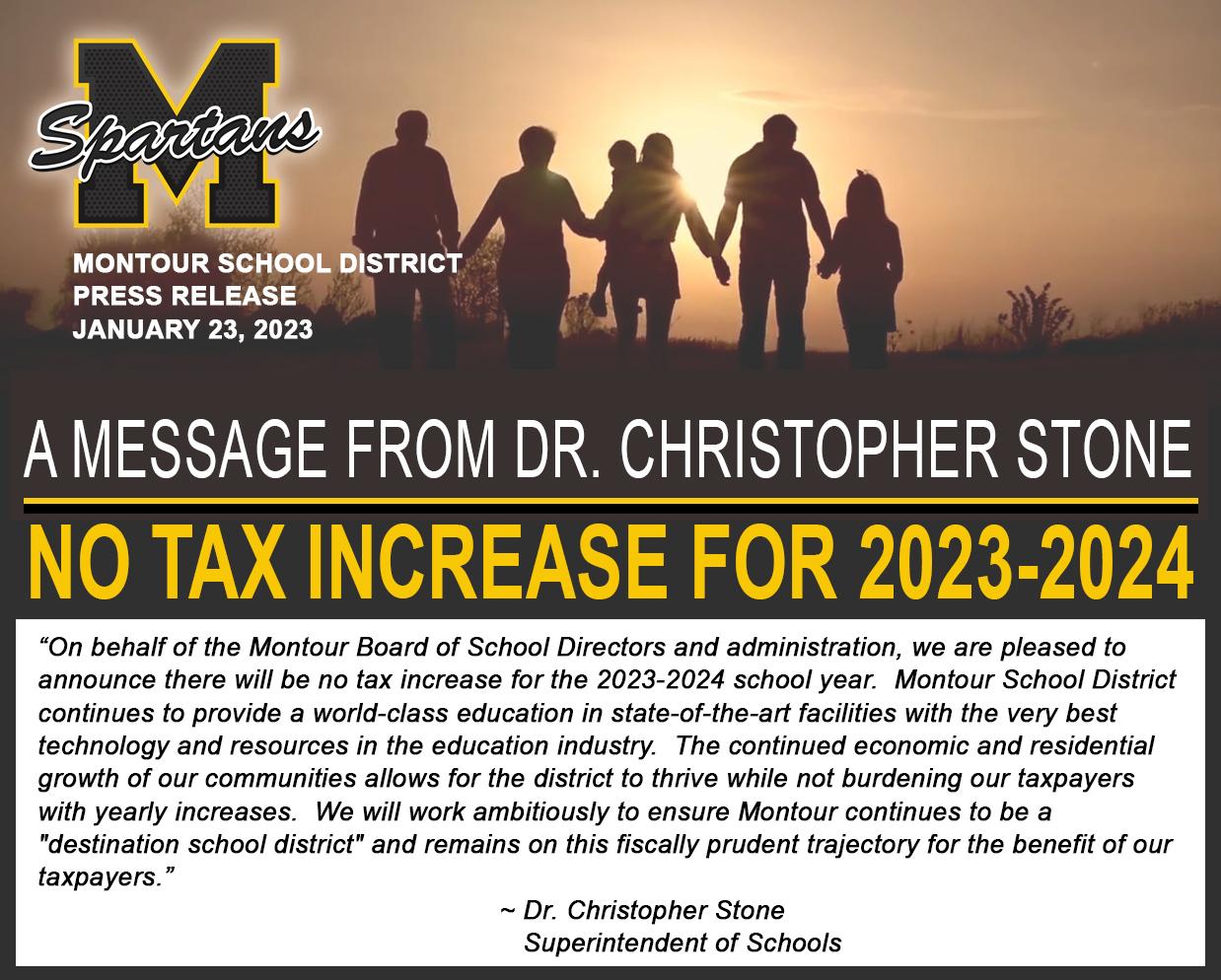 PRESS RELEASE No Tax Increase 20232024 Montour School District