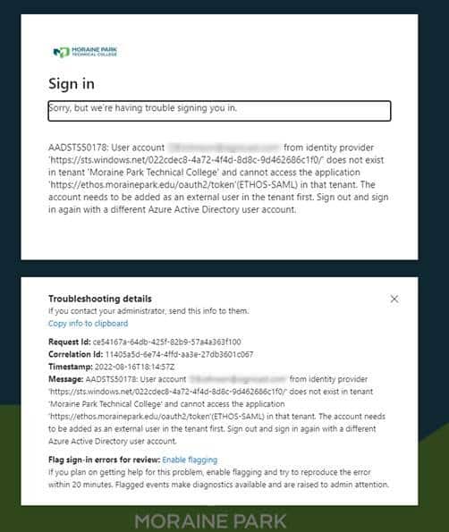"Sorry, but we're having trouble signing you in" Error Moraine Park