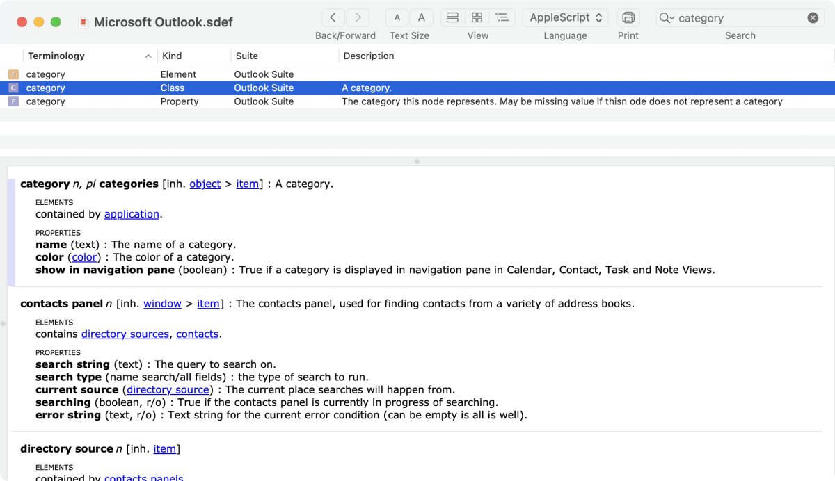 Adding categories to emails in Outlook with AppleScript