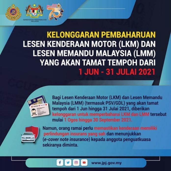 Kelonggaran pembaharuan lesen memandu dan LKM pada 1 Jun