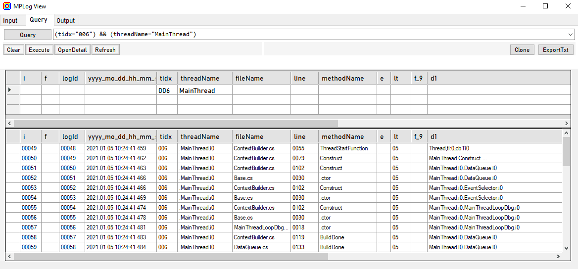 MPLog fast csv log viewer query filter with jump to source code