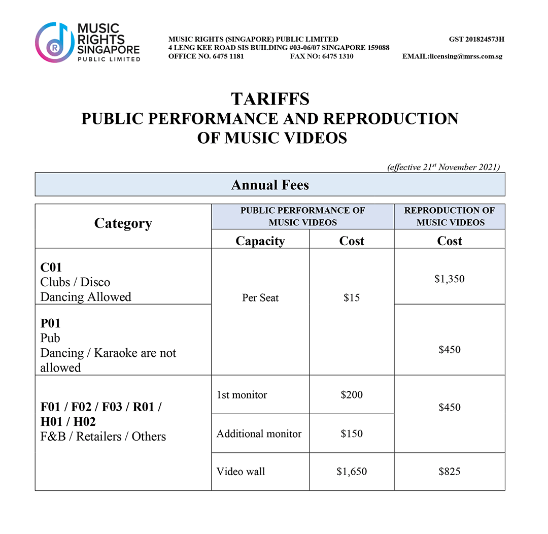 MRSS Music Rights Singapore Licence Tariffs