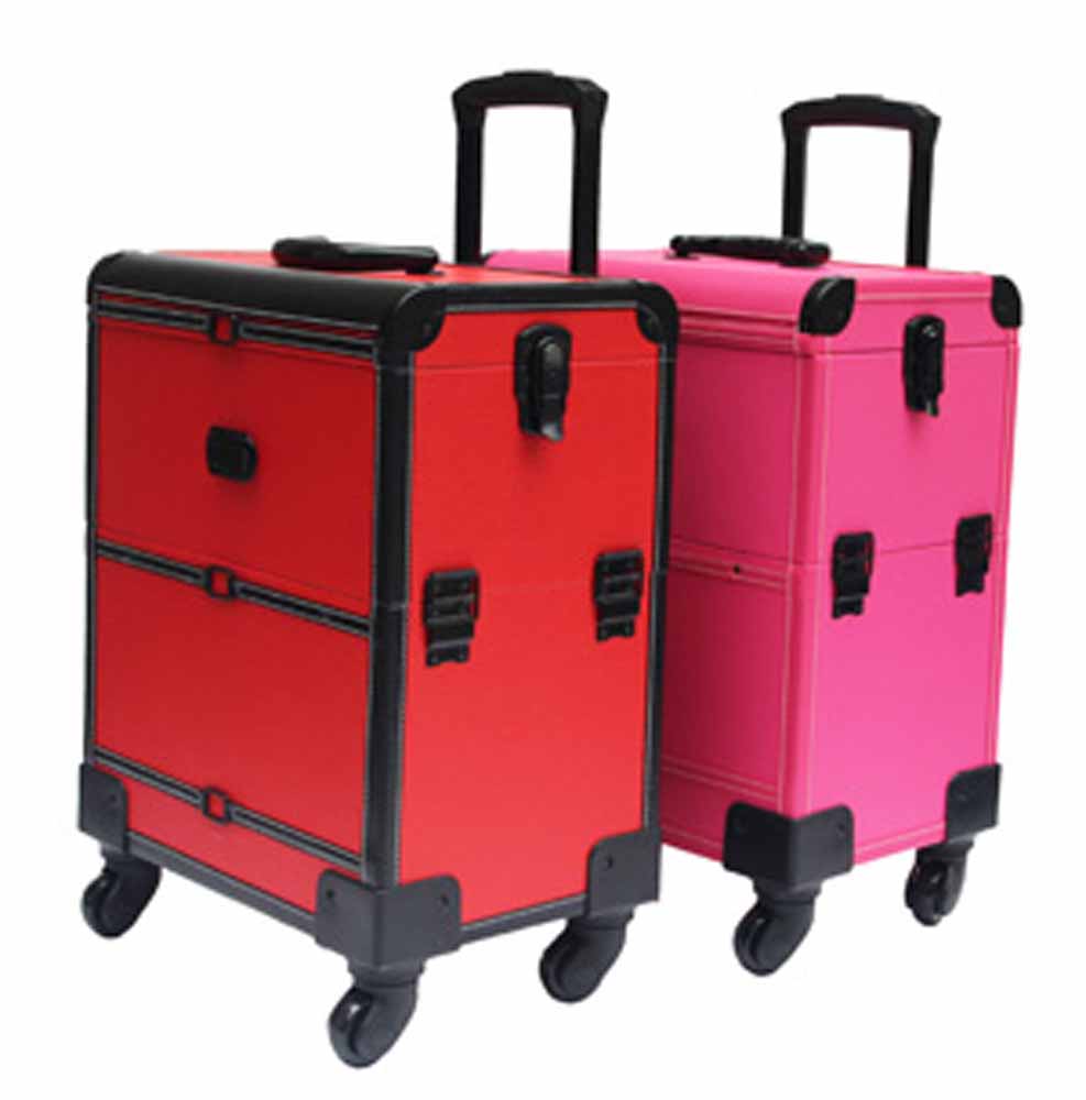 RedBlack leather makeup trolley case with wheels MSACase MSACase