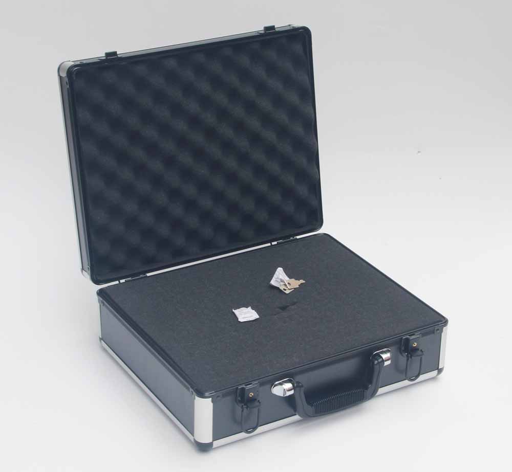 Black aluminum tool cases with die cut foam for carrying tools
