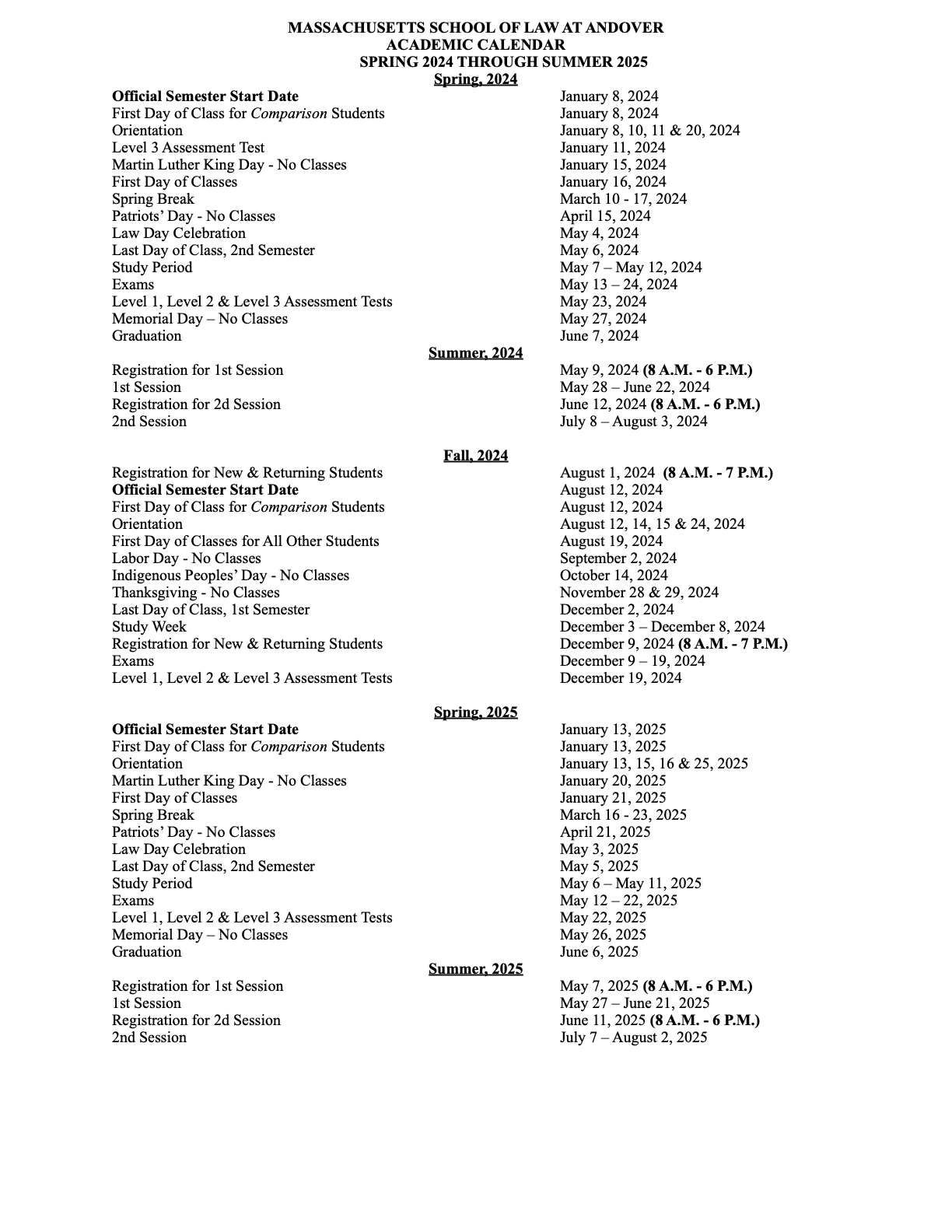 Academic Calendar Massachusetts School of Law