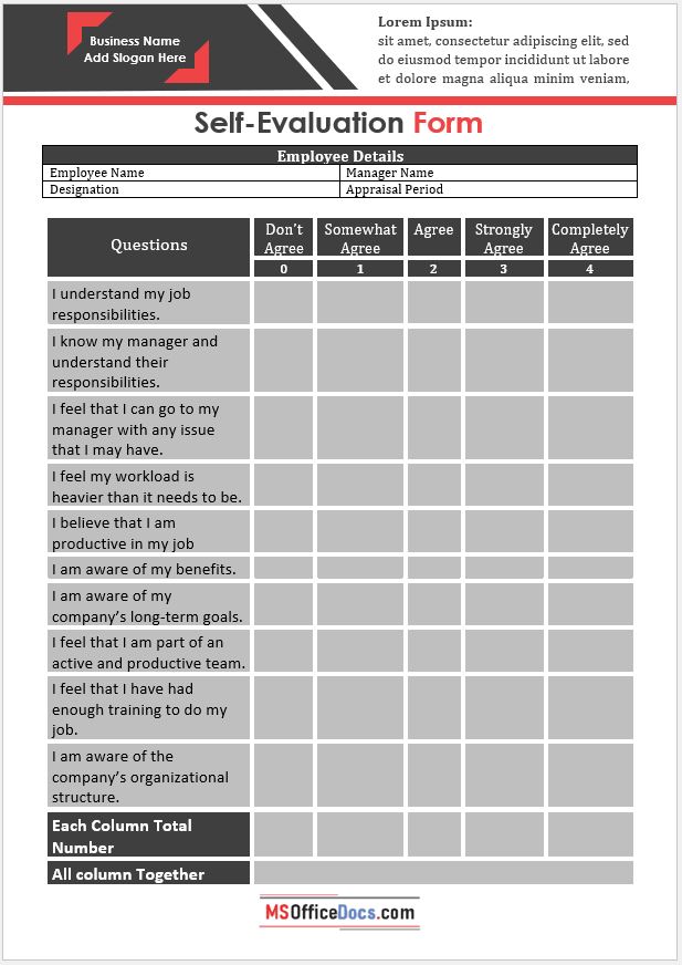Free Self Evaluation Forms MS Office Documents
