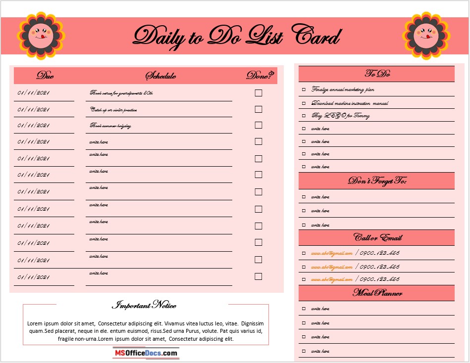 Free Daily To Do List Templates MS Office Documents