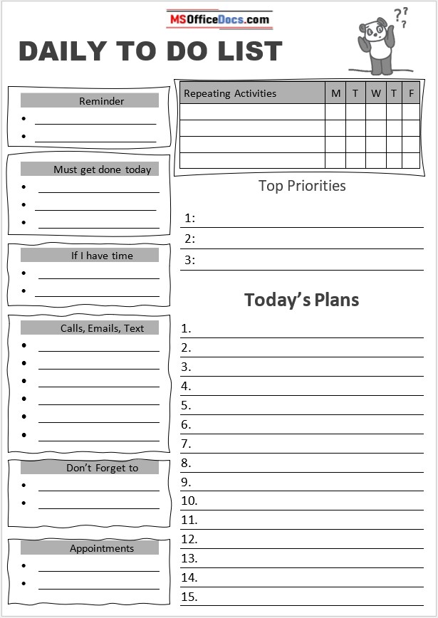 Free Daily To Do List Templates MS Office Documents