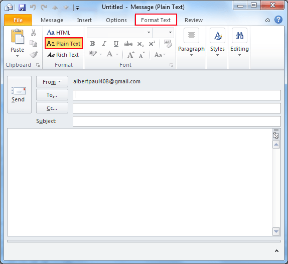 Receive Plain Text Only in Emails Set Outlook Account