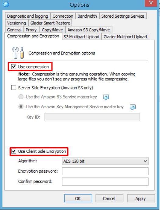 Compression and Encryption for Amazon Glacier in MSP360 Explorer