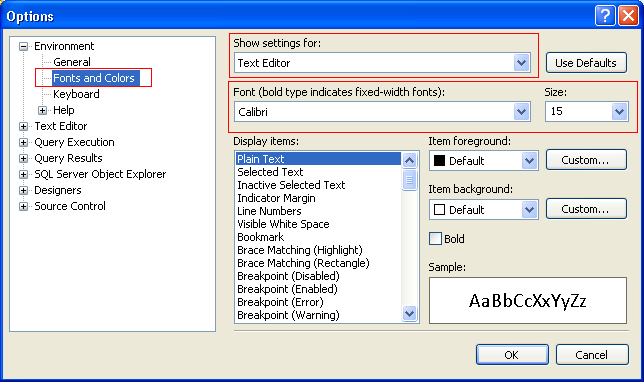 Zoom Query Text and Results Text in SQL Server Management Studio