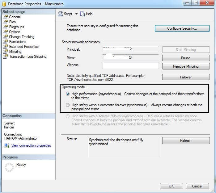 Change operating modes for SQL Server Database Mirroring