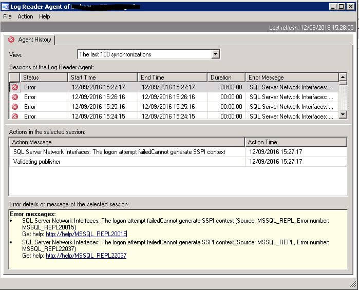 SQL Server Replication Error Cannot generate SSPI context