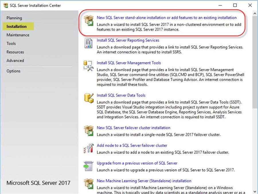 Steps to install a standalone SQL Server 2017 instance