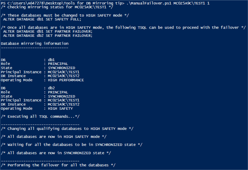 SQL Server DB Mirroring Status Check and Manual Failover PS Scripts