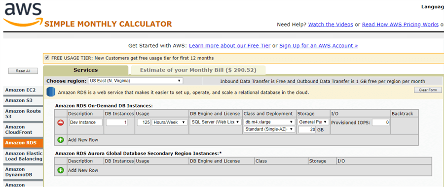 Estimate AWS RDS Cost for SQL Server