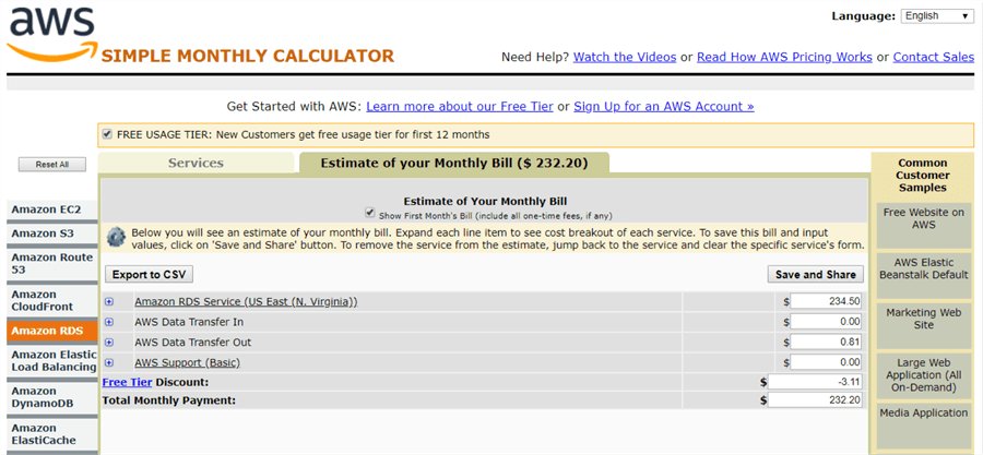 Estimate AWS RDS Cost for SQL Server