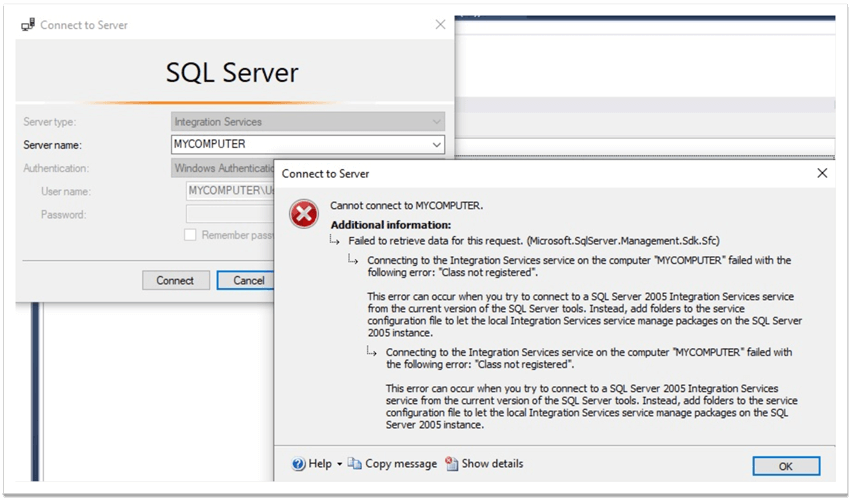SQL Server Management Studio Connection to Integration Services Error