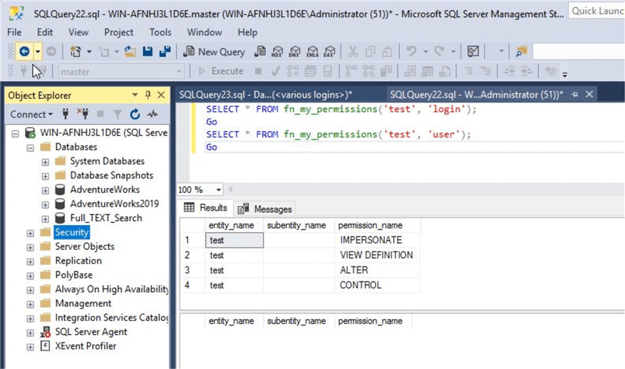 SQL Server Login and User Permissions with fn_my_permissions