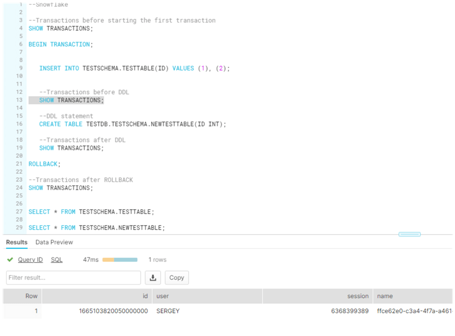 DDL and DML Statements in transactions for SQL Server and Snowflake