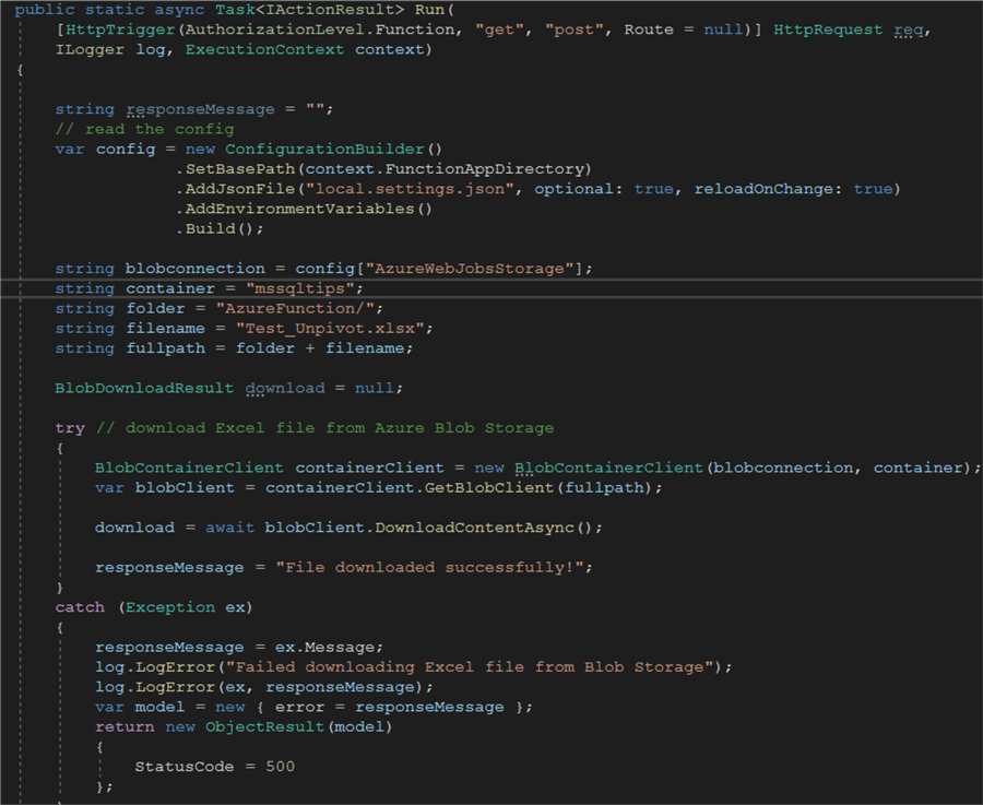 Azure Functions to read an Excel file from Azure Blob Storage
