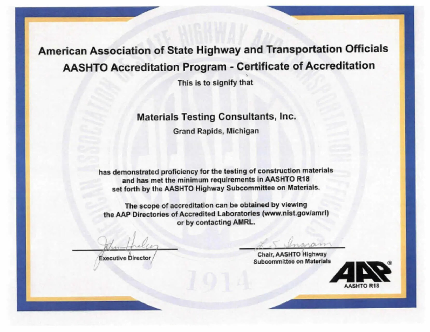 AASHTO Certification AMRL Accredited Lab MTC
