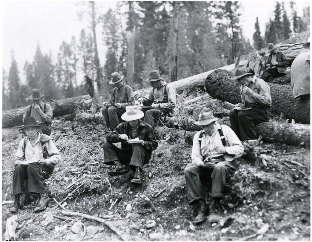 Loggers eating a hot lunch, Woodworth Montana Memory Project