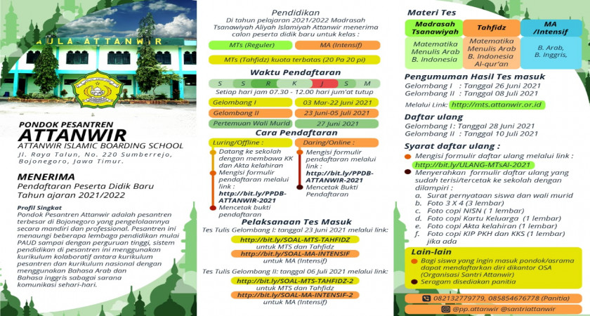 Pondok Pessantren Attanwir menerima peserta didik baru Tahun Ajaran  2021-2022 | MTs ISLAMIYAH ATTANWIR