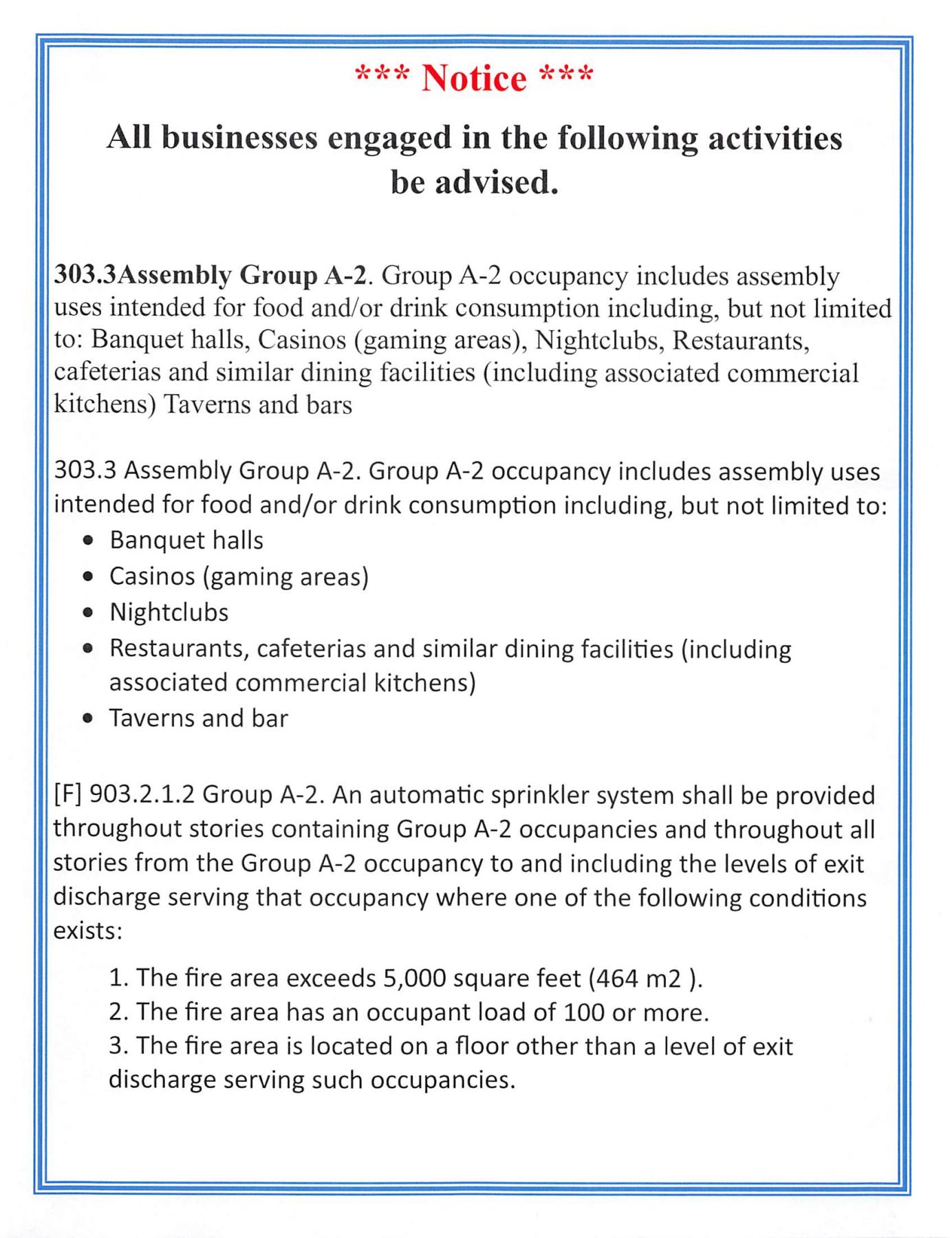 Notice for All businesses engaged in the following activities be