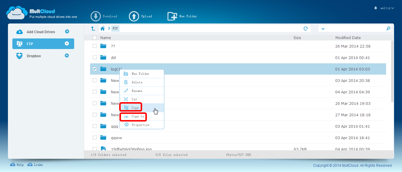MultCloudでFTPからDropboxにファイルを移動する方法