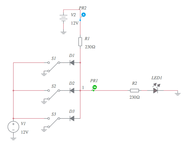 3diode AND gate with LED Multisim Live
