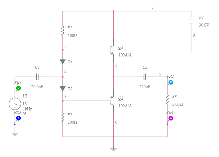 Class AB power amplifier Multisim Live
