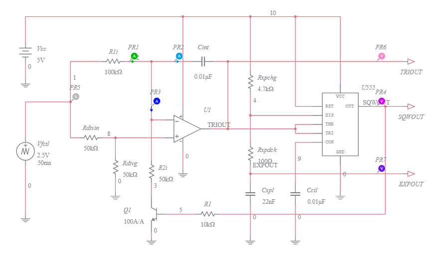 555 Timer OpAmp VCO (Square, Triangular, and Exponential Output Waveforms) Multisim Live