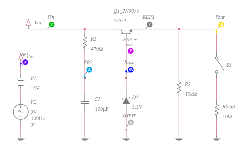 Basic BJT Voltage Regulator with Zener v01 Multisim Live