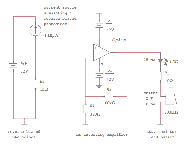 Photodiode, LED and buzzer Multisim Live