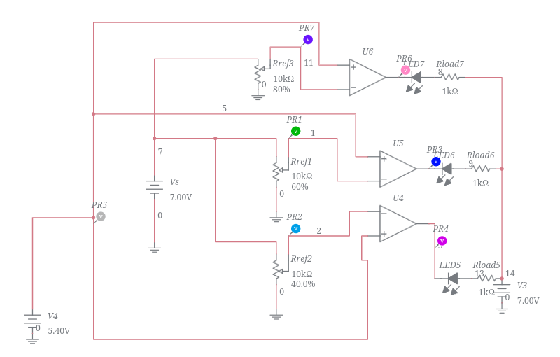3 Window Comparator with led with Operation Amplifier (5116) Multisim