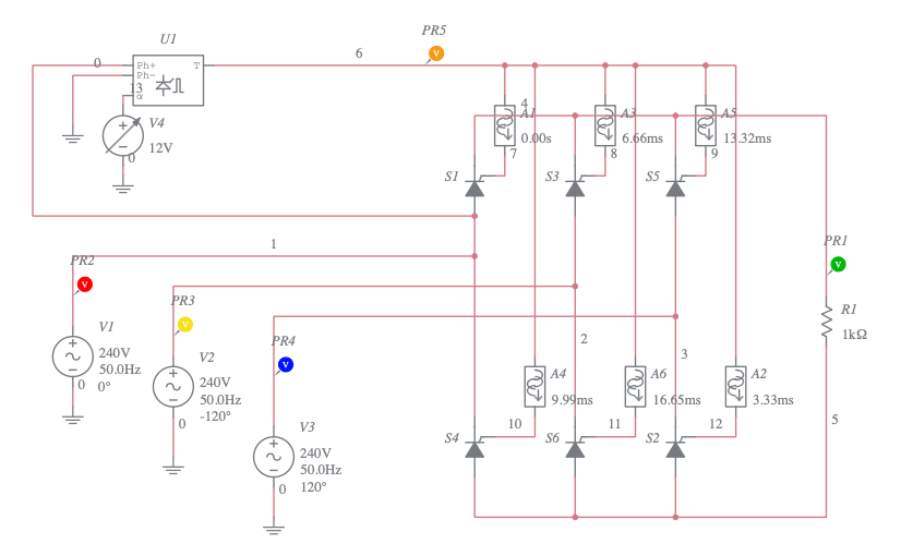 3 phase full wave controlled rectifier Multisim Live