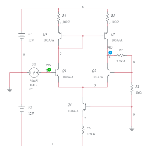 Differential amplifier using BJT Multisim Live