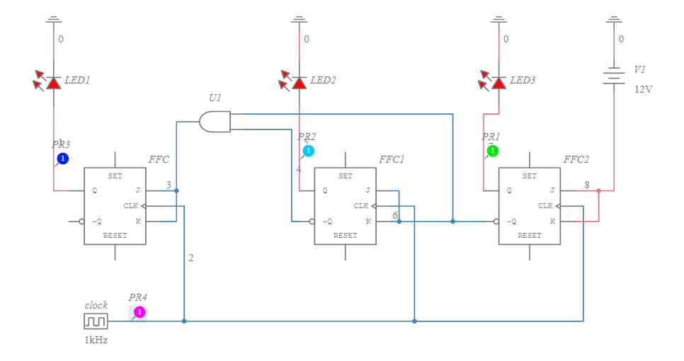 3BIT sync DOWN counter Multisim Live