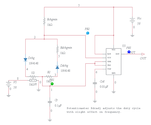 with controlated resistor 555 Variable Duty Cycle, Constant Frequency Astable Multivibrator