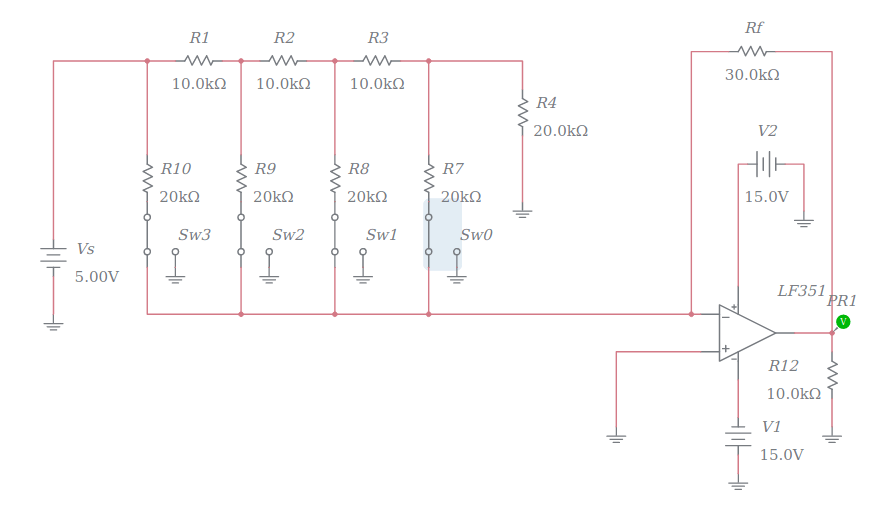 4bit Digital to Analog Converter (DAC) using R2R ladder Multisim Live