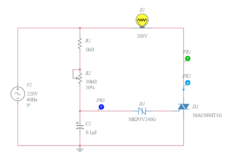 Dimmer TriacDiac controlled Multisim Live