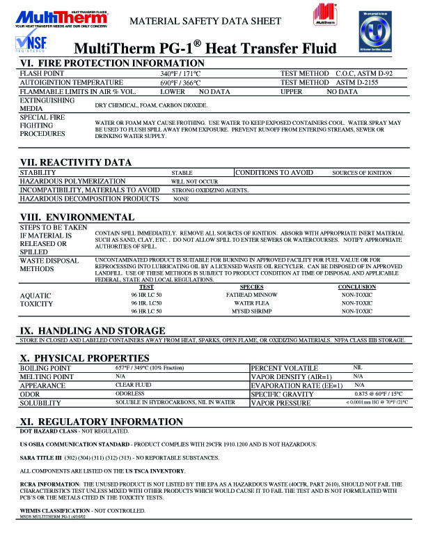 Material Safety Data Sheet (MSDS) for MultiTherm PG1