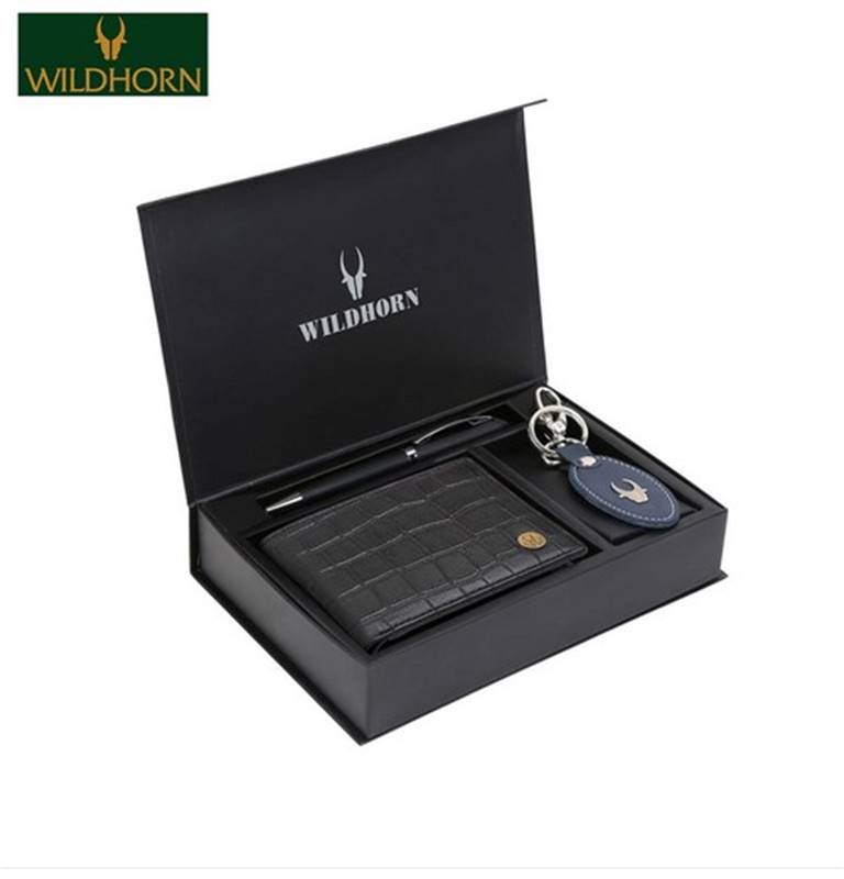 WildHorn Nepal Genuine Leather Classic Men's Gift Set (WHPWK2052BlkCroco) Send Gifts and Money